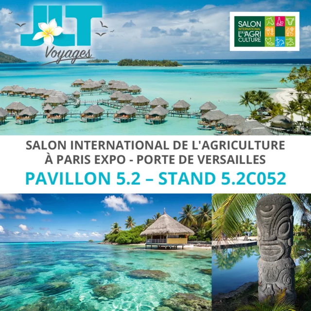 📣 ✈️ JLT Voyages au Salon de l'Agriculture 2025 ! 🌍✨
Retrouvez-nous du samedi 22 février au dimanche 2 mars 2025 sur le Village du Pacifique au Salon International de l'Agriculture à Paris Expo – Porte de Versailles !
📍 Pavillon 5.2 – Stand 5.2C052
🌺 Un avant-goût de la Polynésie... et l'occasion de préparer votre futur voyage ! 🏝️
Laissez-vous séduire par les senteurs du monoï, la douceur de la vanille, l’éclat des perles et les arômes des rhums exotiques... Des trésors qui font rêver et qui vous attendent à l'autre bout du monde.
💭 Et si vous alliez au-delà des saveurs, pour vivre pleinement l’expérience polynésienne ?
Chez JLT Voyages, nous sommes là pour faire de ce rêve une réalité. Venez nous rencontrer et échanger sur votre futur voyage en Polynésie, entre lagons turquoise, îles paradisiaques et culture authentique.
💡 Envie d’un rendez-vous plus au calme ?
Notre agence est à seulement 20 minutes du salon ! 🚋
Prenez le Tram T3 direction Porte de Vincennes, descendez à Poterne des Peupliers, puis marchez 10 minutes. Nous vous accueillons avec plaisir pour un échange plus approfondi.
📅 Qui passe nous voir ? 😊
📩 infos@jltvoyages.com
📞 01 45 65 23 23
🌍 www.jltvoyages.com