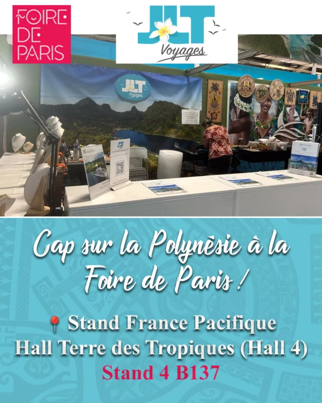 🌺✨ Cap sur la Polynésie avec JLT Voyages à la Foire de Paris ! ✨🌺

Du 30 avril au 11 mai, embarquez pour un avant-goût de paradis et venez nous rencontrer à la Foire de Paris !

📍 Stand France Pacifique — Hall Terre des Tropiques (Hall 4) — Stand 4 B137

Spécialistes des îles et du voyage sur-mesure, nous serons là pour vous faire découvrir la magie de la Polynésie française, ses lagons turquoise, ses plages de rêve et ses traditions chaleureuses. 🌊🏝️

Vous avez un projet de voyage ou simplement envie de rêver aux îles lointaines ? Venez échanger avec nous… et laissez-vous tenter par l’appel du Pacifique ! ✈️✨

👉https://www.jltvoyages.com/devis-voyages/

#JltVoyages #FoireDeParis2025 #PolynesieFrancaise #VoyageSurMesure